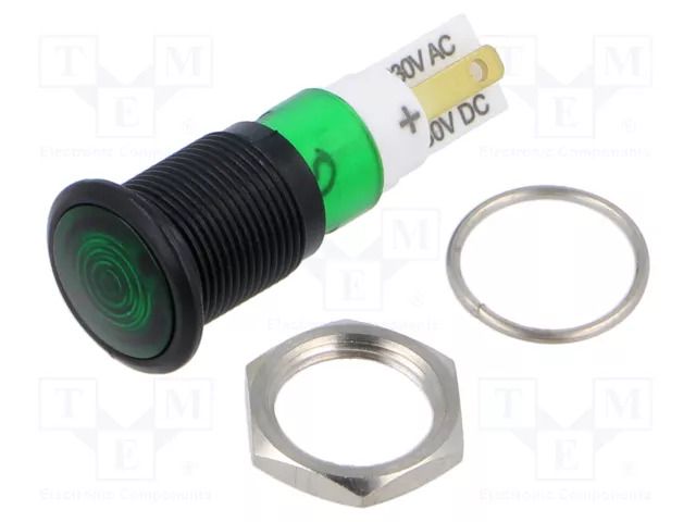 Indicator: LED; prominent; green; 230VAC; Ø12mm; IP50; connectors SIGNAL-CONSTRUCT SKMU12728
