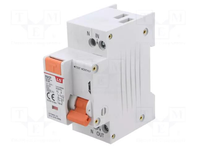 RCBO breaker; Inom: 6A; Ires: 30mA; Poles: 1+N; 230/400VAC; IP20 LS ELECTRIC RKP1P-N-B6A30MA