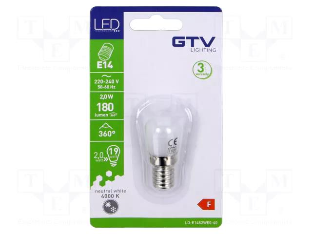 LED lamp; neutral white; E14; 230VAC; 180lm; 2W; 360°; 4000K GTV Poland LD-E14S2WE0-40