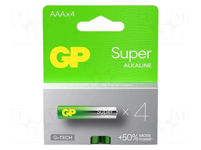 Battery: alkaline; AAA; 1.5V; non-rechargeable; 4pcs. GP BAT-LR03/GP-B4