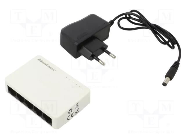 Switch Ethernet; DC socket,RJ45 socket x5; white; 150m QOLTEC QOLTEC-52245