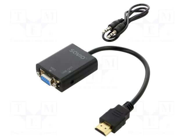 Adapter; HDMI plug,Jack 3.5mm socket,VGA female; black; black SAVIO SAVAK-76