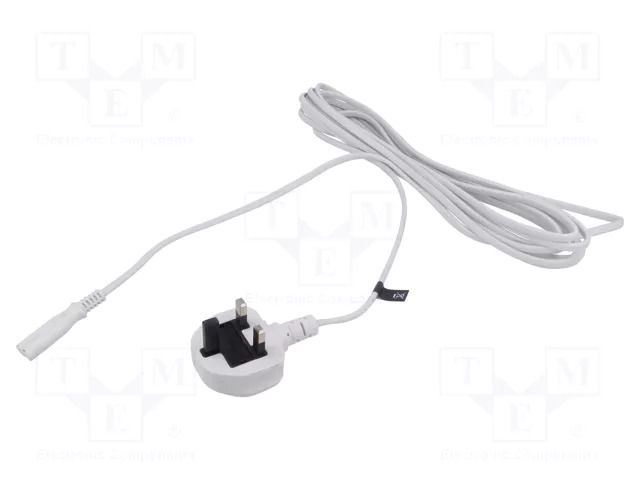 Cable; 2x0.75mm2; BS 1363 (G) plug,IEC C7 female; PVC; 5m; white POS POSAC-C7UK50WH