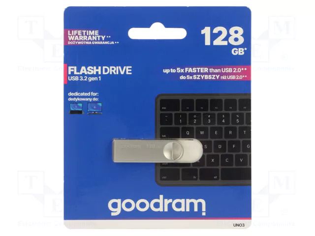 Pendrive; USB 3.2; 128GB; R: 60MB/s; W: 20MB/s; silver; USB A GOODRAM UNO3-1280S0R11