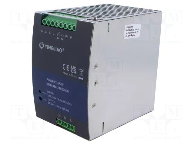 Power supply: switching; for DIN rail; 480W; 24VDC; 20A; 90÷264VAC YINGJIAO YSDH480-480-24