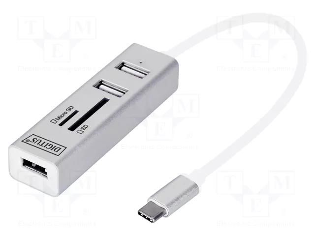 Hub USB; memory card reader,USB A socket x3; OTG,USB 2.0; PnP DIGITUS DA-70243