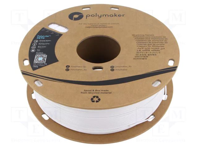 Filament: PET-G; 1.75mm; white; 230÷240°C; 1kg; Table temp: 70÷80°C POLYMAKER PB01002