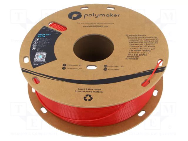 Filament: PET-G; 1.75mm; red; 230÷240°C; 1kg; Table temp: 70÷80°C POLYMAKER PB01004