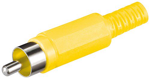 RCA plug, yellow - plastic version, with cable protector 11602