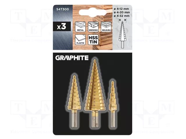 Drill set; step,conical; Ø: 4÷12mm,4÷20mm,4÷32mm; 3pcs. GRAPHITE 54T300
