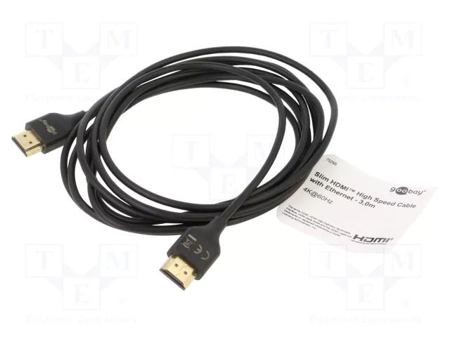 Cable; HDMI plug,both sides; HDCP 2.2,HDMI 2.0,slim; 3m; black Goobay GOOBAY-75295