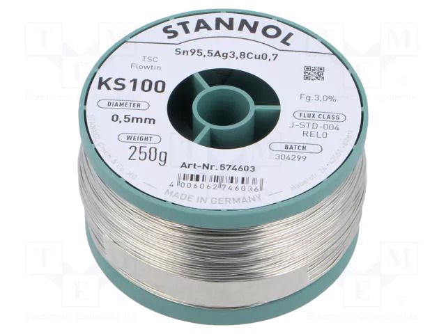 Tin; lead free; Sn95,5Ag3,8Cu0,7; 0.5mm; 0.25kg; reel; 217°C; KS100 STANNOL SN955KS100/0.5/250