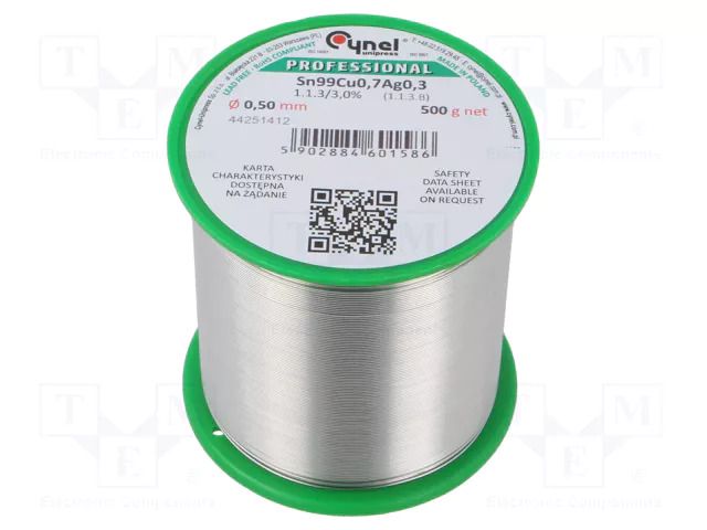 Tin; lead free; Sn99Ag0,3Cu0,7; 500um; 500g; reel; 216÷227°C; 3% CYNEL SAC0307-0.5/0.5