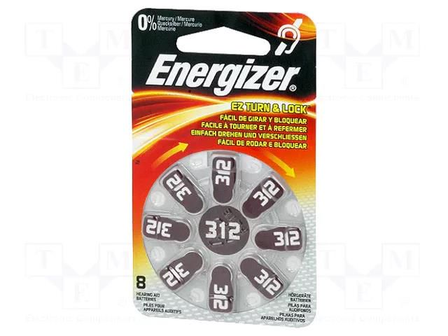 Battery: zinc air (ZnO2); AC312,coin,R36; 1.4V; 160mAh; 8pcs. ENERGIZER BAT-EG312/8