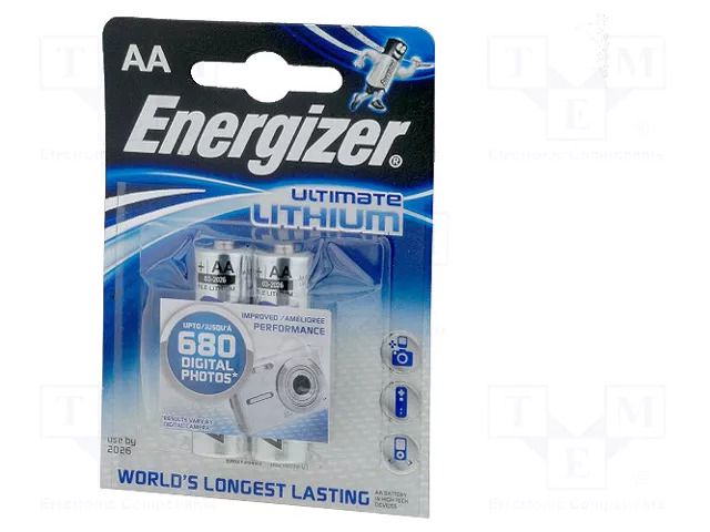 Battery: lithium; AA; 1.5V; 3000mAh; non-rechargeable; 2pcs. ENERGIZER BAT-FR6/EGL-B