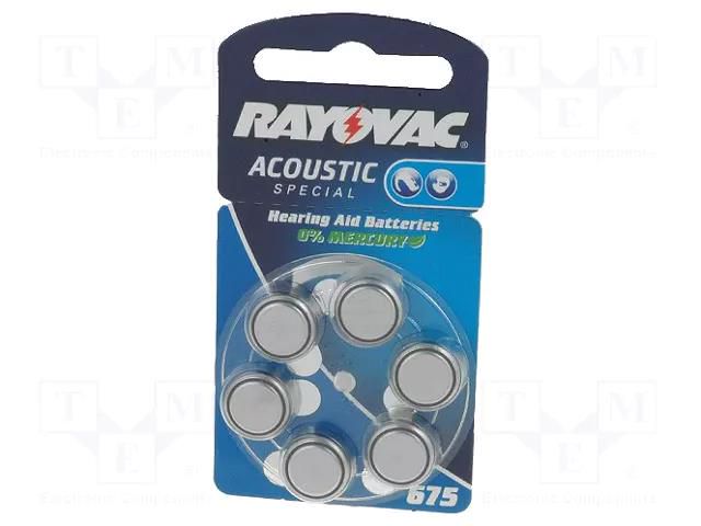 Battery: zinc air (ZnO2); AC675,coin,R1154; 1.45V; 640mAh; 6pcs. RAYOVAC BAT-HA675