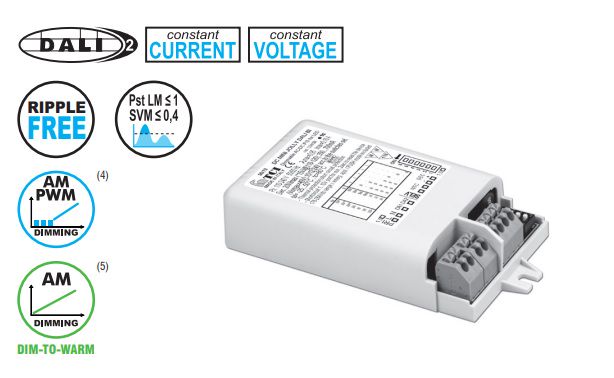 20W CC LED supply 250-700mA 3-49V, 24V 0.7A, DIP-SWITCH, DALI2, AM, PWM, TCI 125403BI