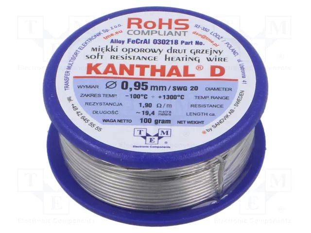Resistance wire; 1.9Ω/m; -100÷1300°C; 0.1kg; Øout: 0.95mm; FeCrAl KANTHAL KANTHAL-D-0.95/100