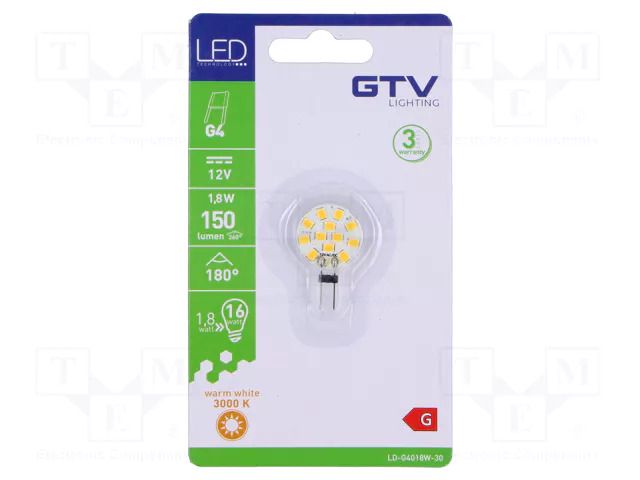 LED lamp; warm white; G4; 12VDC; 150lm; 1.8W; 180°; 3000K GTV Poland LD-G4018W-30