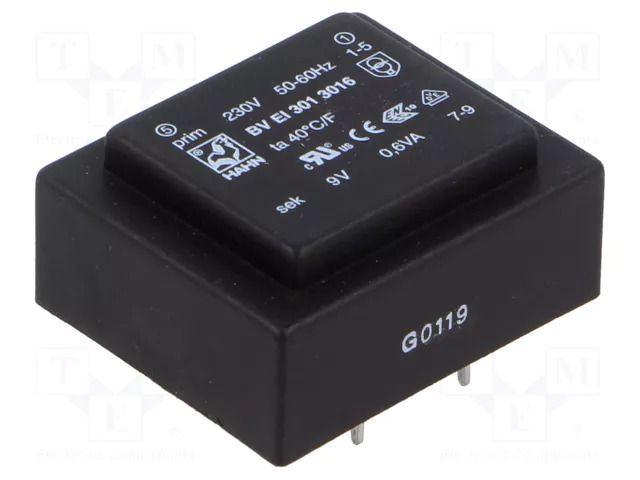 Transformer: encapsulated; 0.6VA; 230VAC; 9V; 67mA; PCB; BVEI HAHN BVEI3013016