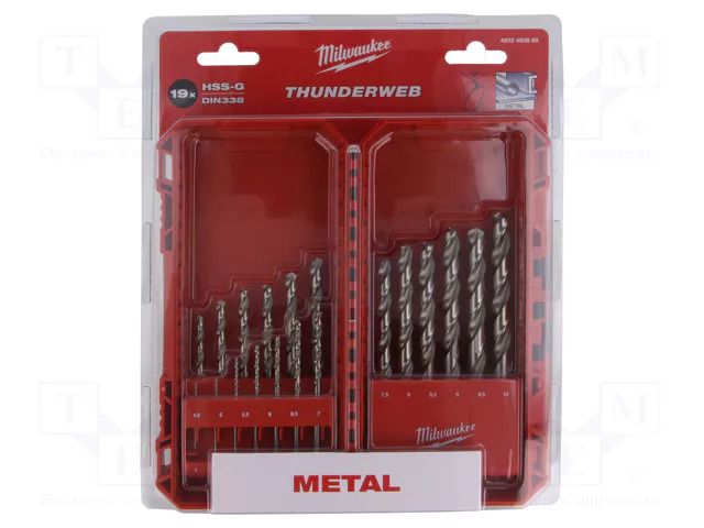 Drill set; for metal; plastic box; metal,steel; 19pcs. Milwaukee MW-4932493869