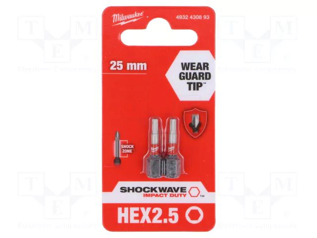 Screwdriver bit; hex key; HEX 2.5mm; Kind: impact; 2pcs. Milwaukee MW-4932430893