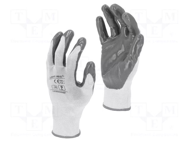 Protective gloves; Size: 9; grey/white; nitryl,polyester; tag LAHTI PRO LAHTI-L220309K