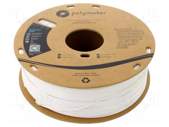 Filament: ASA; 1.75mm; white; 240÷260°C; 1kg; Table temp: 75÷95°C POLYMAKER PF01002