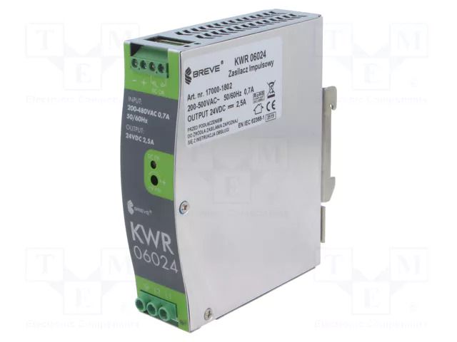 Power supply: switching; 60W; for DIN rail mounting; OUT: 1; KWR BREVE TUFVASSONS KWR-6024