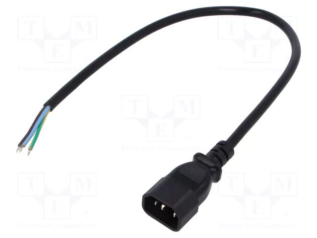 Cable; 3x1mm2; IEC C14 male,wires; PVC; 0.5m; black; 10A; 250V LIAN DUNG SN13-3/10/0.5BK