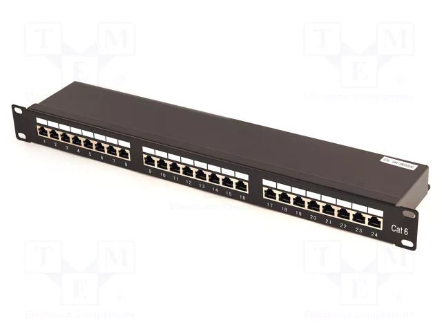 Patch panel; black; Number of ports: 24; Standard: 19"; Cat: 6; RACK GEMBIRD NPP-C624-002