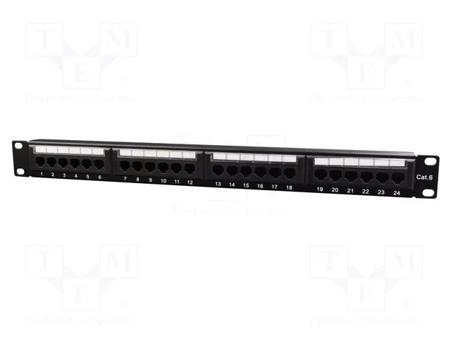 Patch panel; black; Number of ports: 24; Standard: 19"; Cat: 6; RACK GEMBIRD NPP-C624CM-001