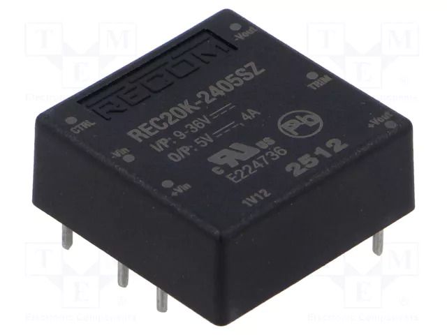 Converter: DC/DC; 20W; Uin: 9÷36VDC; Uout: 5VDC; Iout: 4A; 1"x1"; THT RECOM REC20K-2405SZ