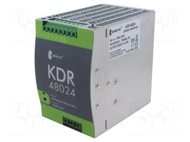 Power supply: switching; 480W; for DIN rail mounting; OUT: 1; KDR BREVE TUFVASSONS KDR-48024