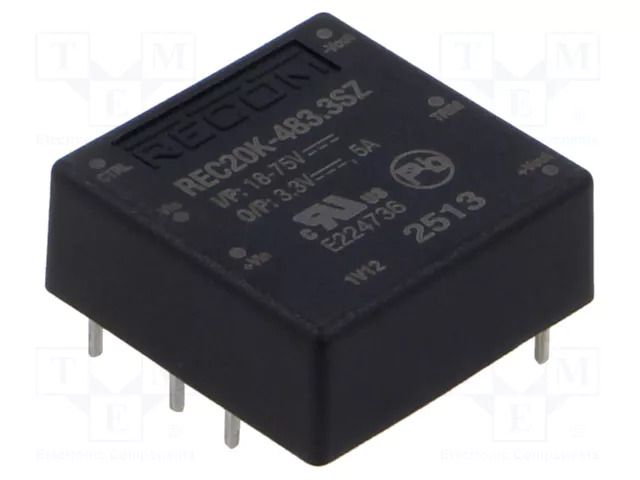 Converter: DC/DC; 20W; Uin: 18÷75VDC; Uout: 3.3VDC; Iout: 5A; 1"x1" RECOM REC20K-483.3SZ