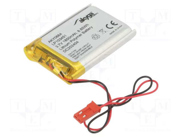 Re-battery: Li-Po; 3.7V; 1850mAh; cables,JST SYP-02T-1 socket AKYGA BATTERY AKY-LP103451