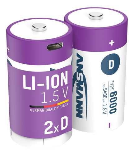 Įkraunamos baterijos D 1.5V 6000mAh (Li-Ion 12Wh) su USB-C lizdu, max iškrovimo srovė 2A, 2vnt įpakavime ANSMANN 1314-0005 4013674193998