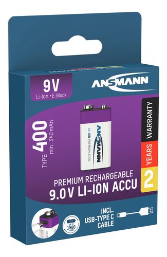 Įkraunamos baterijos 1604 9V 400mAh (Li-Ion 3.7Wh) su USB-C lizdu, max iškrovimo srovė 0.4A ANSMANN 1315-0005 4013674194001