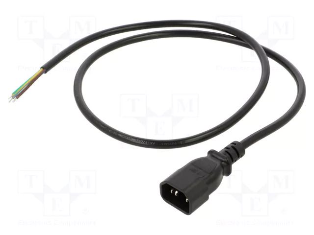 Cable; 3x0.75mm2; IEC C14 male,wires; PVC; 1m; black; 10A; 250V LIAN DUNG SN13-3/07/1.0BK