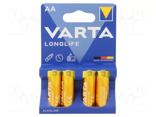 Battery: alkaline; AA; 1.5V; non-rechargeable; 4pcs; LONGLIFE VARTA BAT-LR6X4BL-LL/V