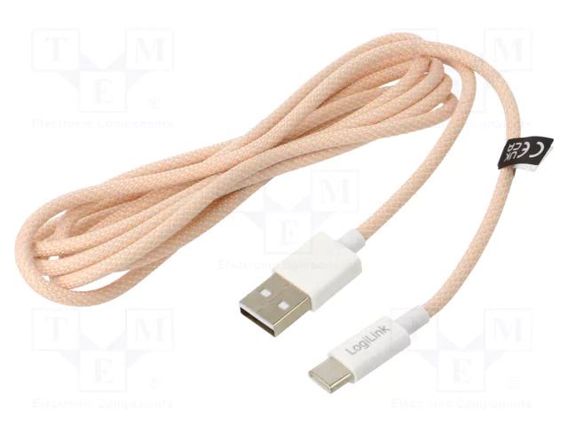 Cable; USB 2.0; USB A plug,USB C plug; 1.5m; pink; 480Mbps; 60W; 3A LOGILINK CU0325