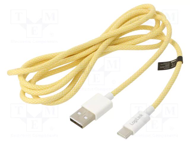 Cable; USB 2.0; USB A plug,USB C plug; 1.5m; yellow; 480Mbps; 60W LOGILINK CU0334