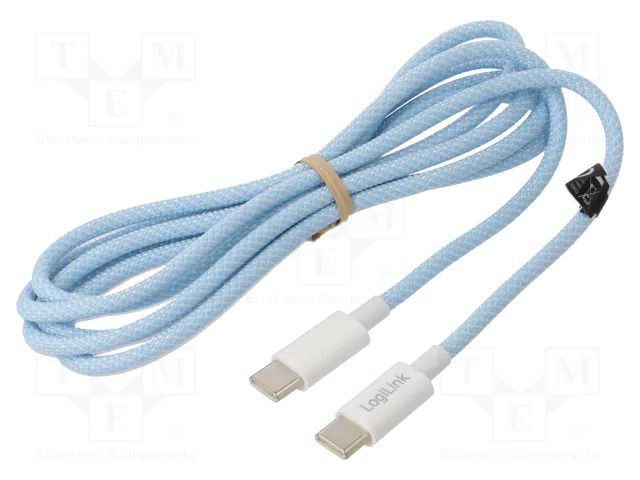 Cable; USB 2.0; USB C plug,both sides; 1.5m; blue; 480Mbps; 60W; 3A LOGILINK CU0351