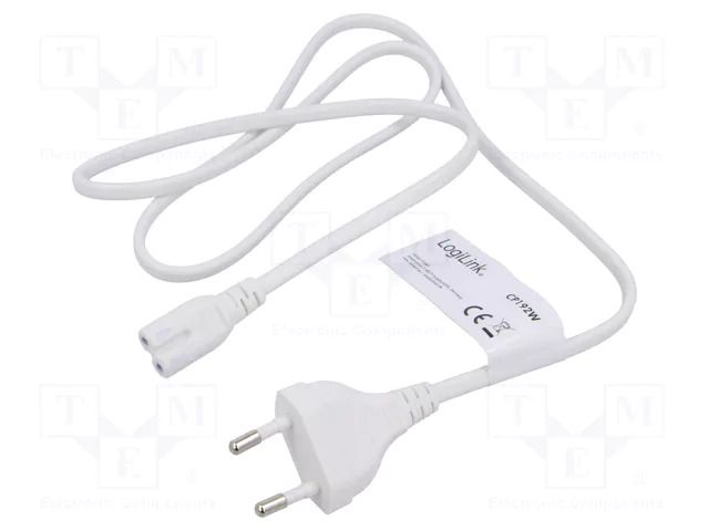 Cable; CEE 7/16 (C) plug,IEC C7 female; 1m; white; 2.5A; 230V LOGILINK CP192W