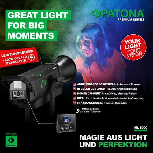 PATONA Premium LED professional photo light video light LED 600W COB ML-6000 incl. carry bag, PATONA 4215 4055655253246