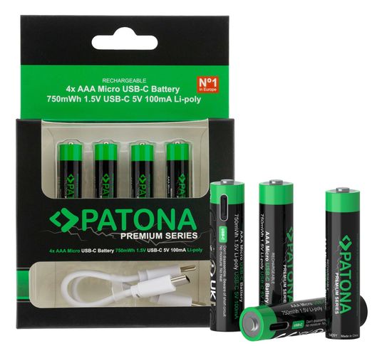 PATONA Premium USB-C 4x AAA Micro rechargeable batteries Lithium 750mWh 1.5V rechargeable with 1 to 2 USB-C charging cable, PATONA 1409 4055655239745