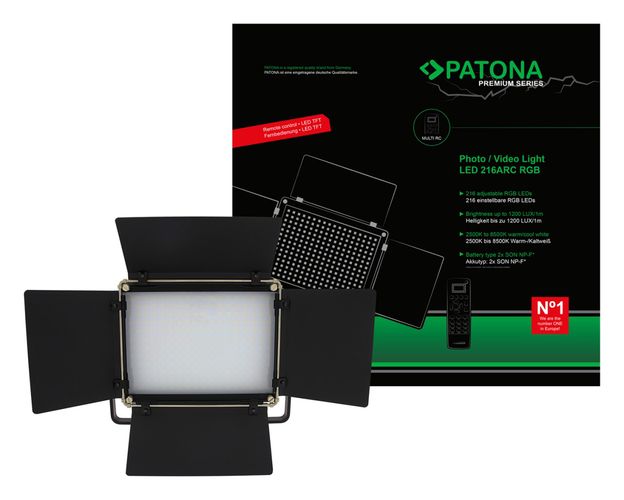 PATONA Premium LED photo and video light with 216 adjustable RGB LEDs incl. remote control + carrying bag, PATONA 4288 4055655232395