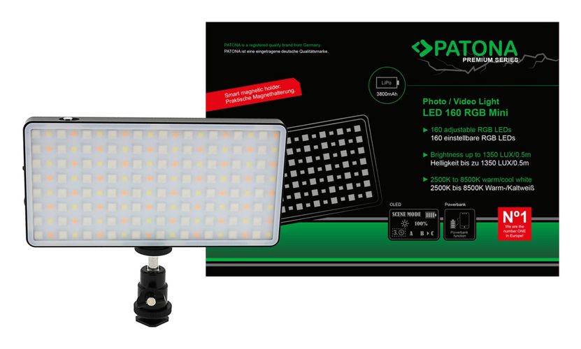 PATONA Premium LED Photo and video light with 160 adjustable RGB LEDs and 3 scenes incl. carrying bag, PATONA 4290 4055655232371