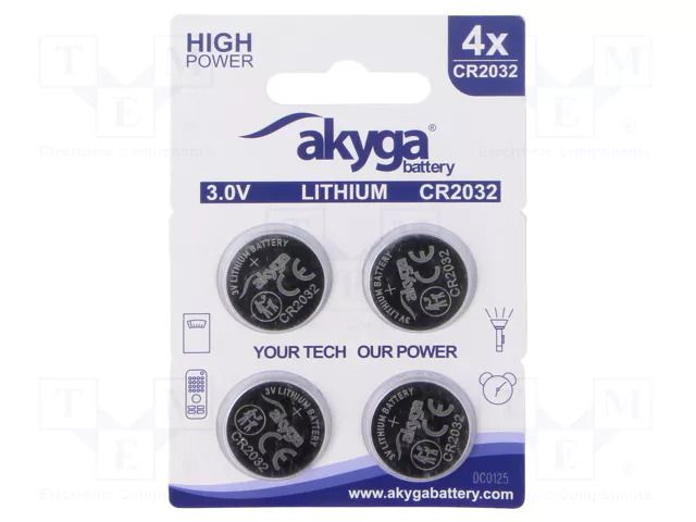 Battery: lithium; CR2032,coin; 3V; 210mAh; non-rechargeable; 4pcs. AKYGA BATTERY BAT-CR2032/A-B4