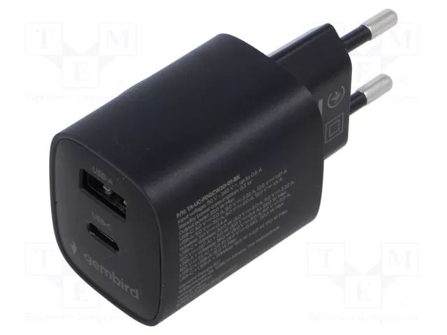 Power supply: switching; mains,plug-in; 5VDC,; 3A; 20W; 39x33x82mm GEMBIRD TAUCPDQCW2001BK